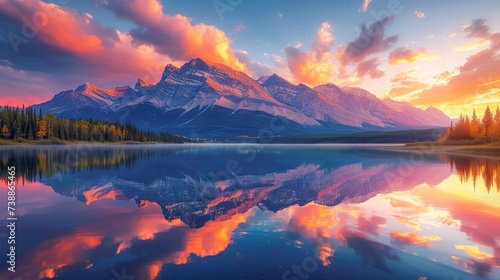 A serene sunset casts vibrant colors across the clouds and mountain peaks, mirrored perfectly in the still waters of a picturesque lake.
