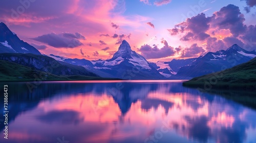 The iconic mountain peak stands tall against a vivid sunset sky, with its reflection shimmering in the tranquil lake below.
