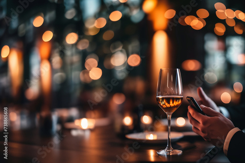 mains d homme en costume tenant un t  l  phone portable  smartphone     c  t   d un verre de vin blanc pos   sur un comptoir de bar  fond avec bokeh flout   avec espace n  gatif pour texte  copyspace