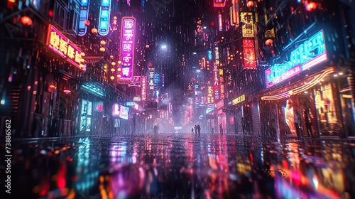 A couple walks down a rain-drenched street bathed in the neon glow of numerous signs in a bustling, futuristic metropolis at night.