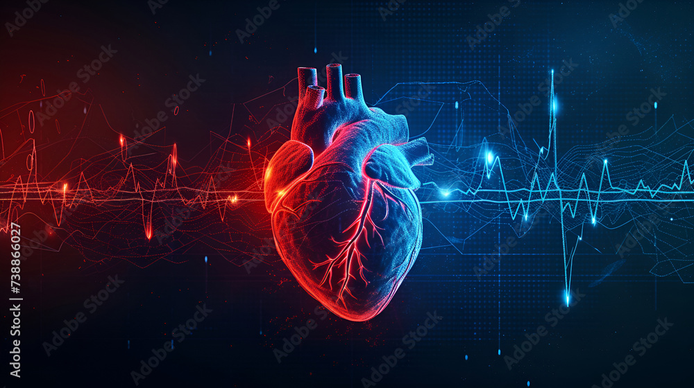 Digital 3D illustration of a human heart with blue digital red and blue cardiac pulse line. on a black background with copy space. Heart health, cardiology, cardiovascular disease concept - obrazy, fototapety, plakaty 