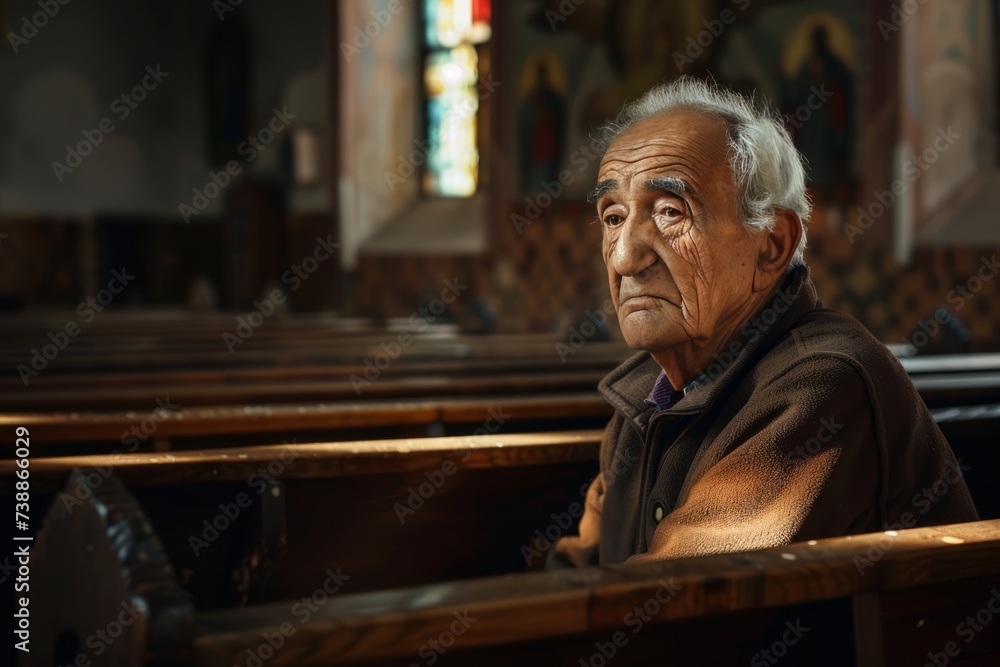 Grieving Elderly Man in Church: Theme of Loss and Faith Grieving Elderly Man in Church: Theme of Loss and Faith