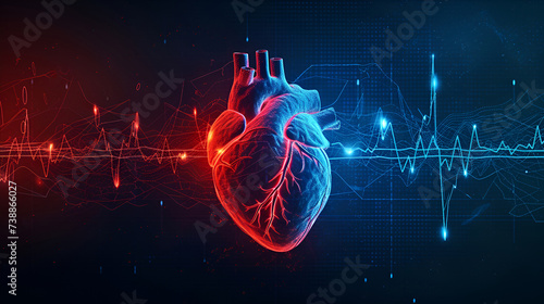 Digital 3D illustration of a human heart with blue digital red and blue cardiac pulse line. on a black background with copy space. Heart health, cardiology, cardiovascular disease concept #738866027