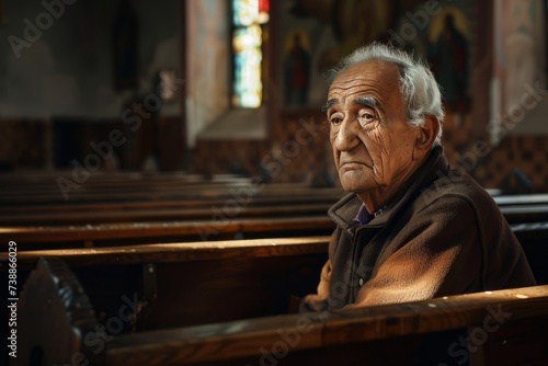 Grieving Elderly Man in Church: Theme of Loss and Faith © steffenak