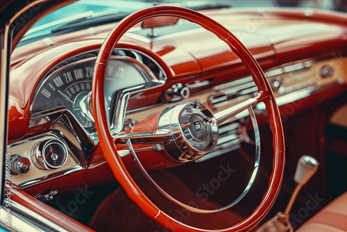 Vintage Car Interior: Steering Wheel and Dashboard Close-Up
