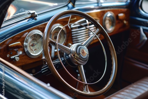 Vintage Car Interior: Steering Wheel and Dashboard Close-Up