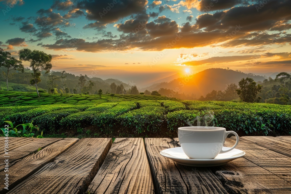 Coffee or Tea on Wooden Table with Tea Plantation at Sunset Coffee or Tea on Wooden Table with Tea Plantation at Sunset
