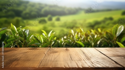 The empty wooden table top with blur background of tea plantation. Exuberant image. generative AI