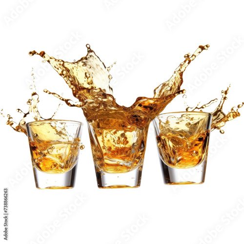 Glasses shot of tequila making toast with splash isolated on transparent a white background