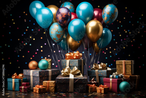 Happy birthday - balloons and confetti in a festive celebration scene