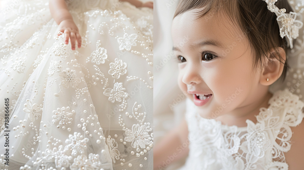 A pristine white baptismal gown adorned with intricate lace and delicate pearl embellishments, exuding elegance and purity. A pristine white baptismal gown adorned with intricate lace and delicate pearl embellishments, exuding elegance and purity.