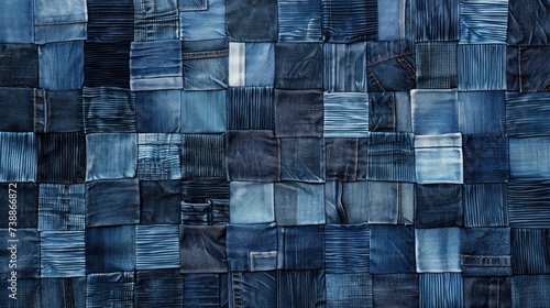 patchwork denim textures pattern background. 
a creative use for recycled material. Fashion design photo