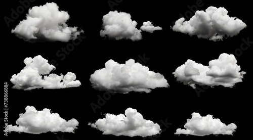 White clouds collection isolated on black background, cloud set on black