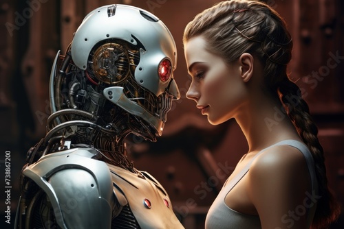 A love relationship between a girl and an android robot. Humanity and artificial intelligence. 