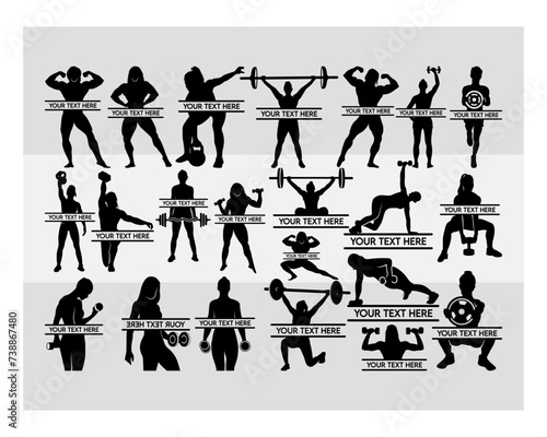 weight lifting women Split Monogram, gym svg, muscle women svg, female body builder silhouette, workout svg, fitness svg, silhoette, weights svg, eps, cut file, Split Monogram, body, sport, silhouette