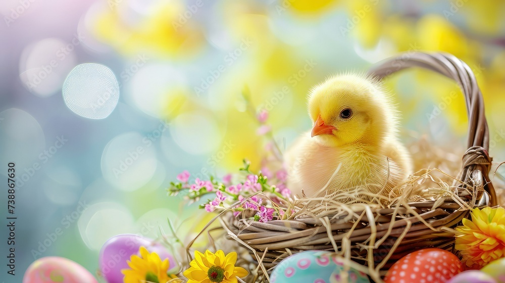 Cute yellow chick sitting in an easter basket, surround with spring flower and painted egg, copy space. Cute yellow chick sitting in an easter basket, surround with spring flower and painted egg, copy space.