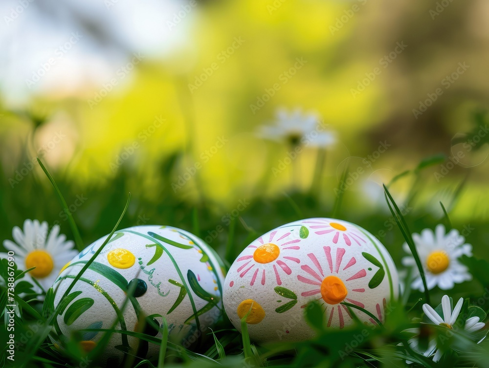 Decorated Eggs lay on grass prepared for Easter celebration