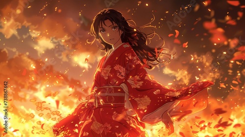 Battle ready anime girl fiery red kimono Sakura storm fantasy demon confrontation