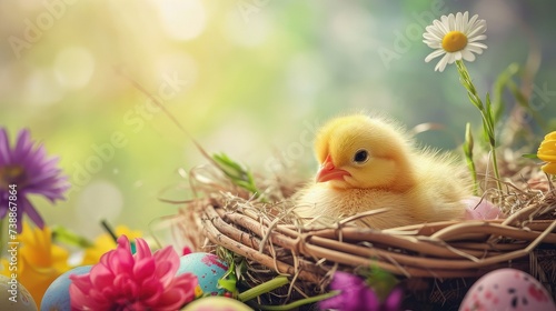 Easter Chick in Basket. Fluffy Easter chicks nestled in a basket with spring flowers. © Suwanlee