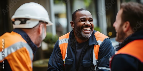 Diverse Construction Workers Engage in Lively Business Discussions Onsite. Concept Construction Industry, Workplace Communication, Business Development, Team Collaboration, Diversity in the Workplace