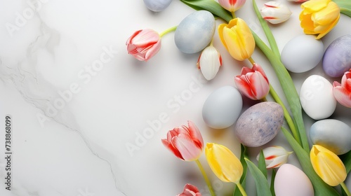 Easter floral soft grey background  various eggs end egg shell and tulips.