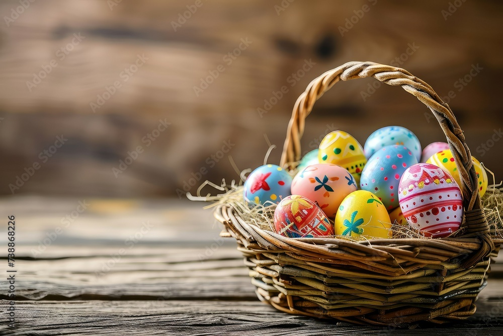 Easter painted eggs in Iranian theme lay in the basket on wooden rustic table Easter painted eggs in Iranian theme lay in the basket on wooden rustic table