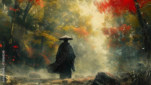 The journey Art the Samurai traverses ancient forests a serene expression seeking wisdom and inner peace