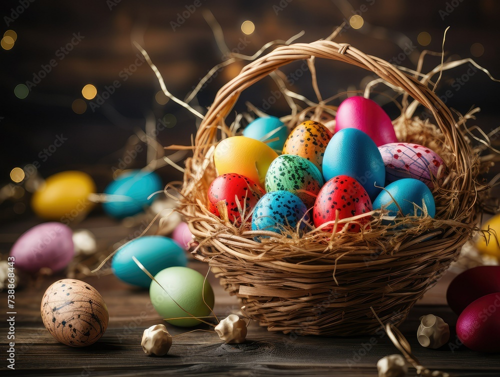 Easter painted eggs pattern in basket on wooden rustic table background. Easter day. presentation. advertisement. copy text space. Easter painted eggs pattern in basket on wooden rustic table background. Easter day. presentation. advertisement. copy text space.