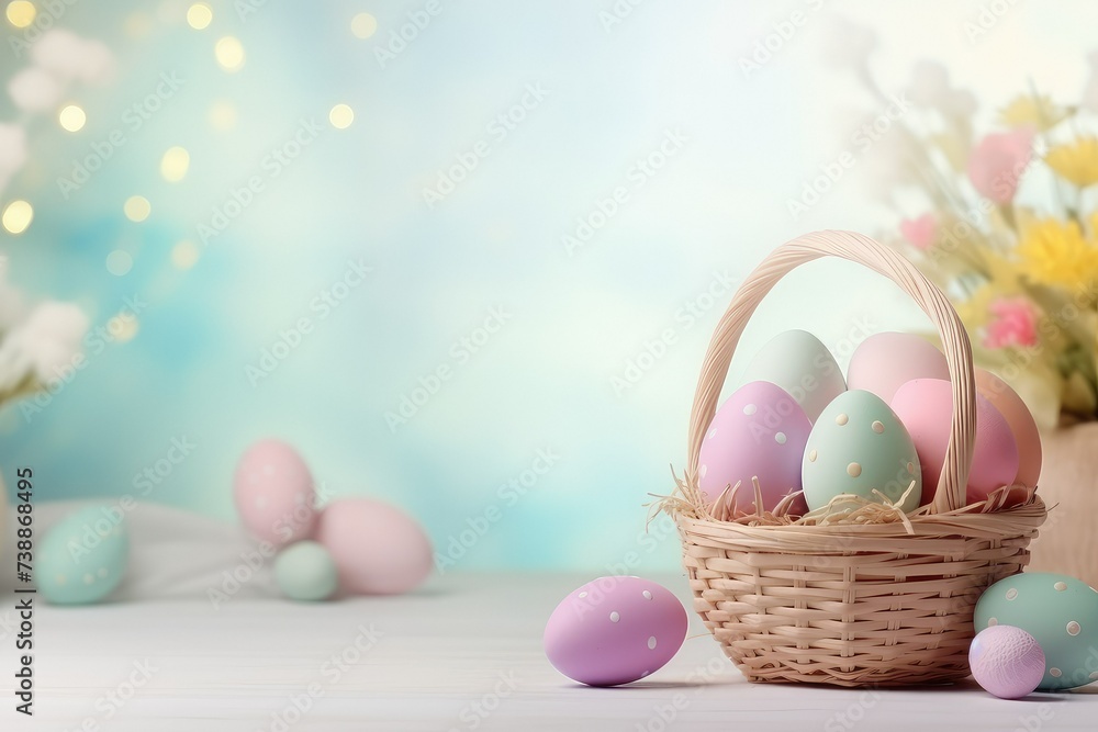 Easter pastel pink background in a banner format with colorful Easter eggs and bokeh