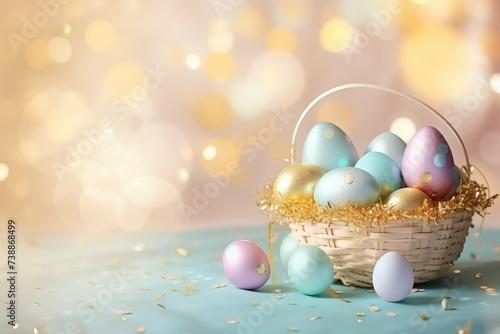 Easter pastel pink background in a banner format with colorful Easter eggs and bokeh