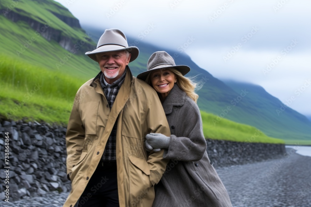 Stylish lovers man and woman in coats and hats are hugging against the backdrop of picturesque area