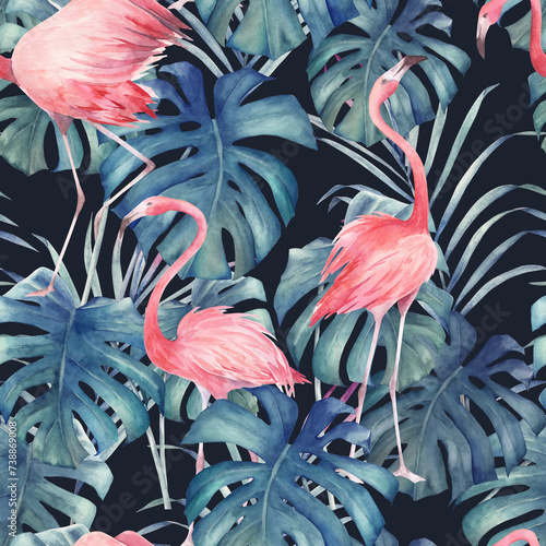 Tropical pattern with palm leaves and flamingos. Watercolor seamless print. Jungle summer background