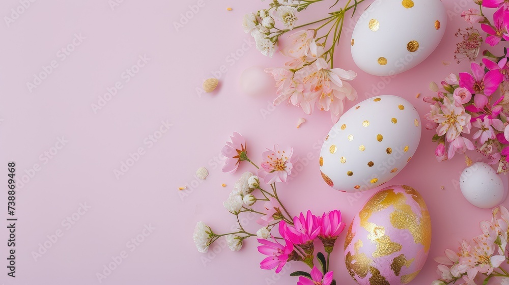 Pink and gold painted Easter eggs on soft pink background with copy space and colorful flowers decoration.