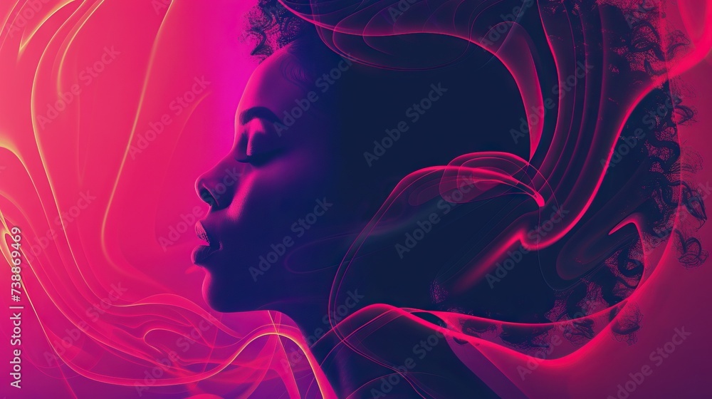 Abstract modern females blend with organic forms under spiraling neon lights shadows and colors creating a dynamic banner