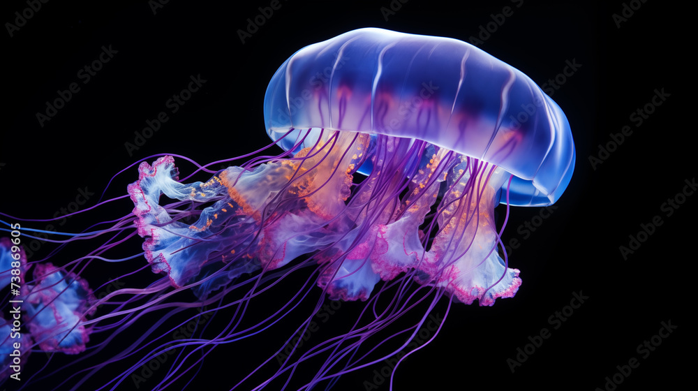 Bunte Qualle vor schwarzem Hintergrund. Ultraviolett beleuchtet. Abstrakte Illustration Bunte Qualle vor schwarzem Hintergrund. Ultraviolett beleuchtet. Abstrakte Illustration