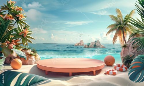 Stylish Product Display Podium with Tropical Beach Backdrop 