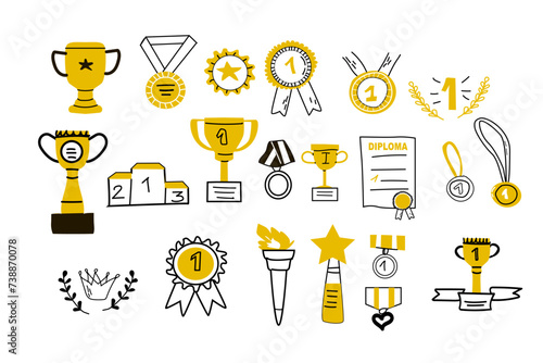 Big set of Hand drawn doodle awards outline with yellow color icons. Vector illustration of winner trophy cup, champion medal, win diploma. Hand drawn sketch - champion, victory, success elements