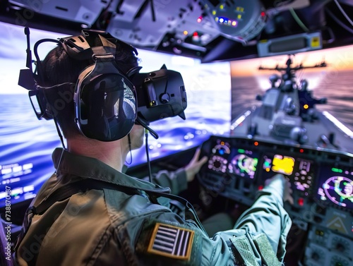 Artificial intelligence and vector technology merge in virtual reality piloting military ships with cutting edge vision sensors photo