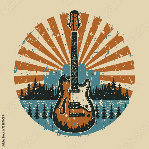 2d vector illustration art  Retro guitar with trees and city on the background, Summer t-shirt design, Custom vector illustration for posters vintage distressed style each design