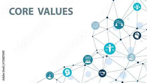 Core Values - Mission, integrity value icon set with vision, honesty, passion, and collaboration as the goal or focus