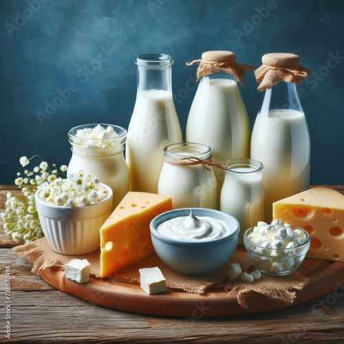 Different milk products: cheese, cream, milk, yoghurt. On a blue background.
