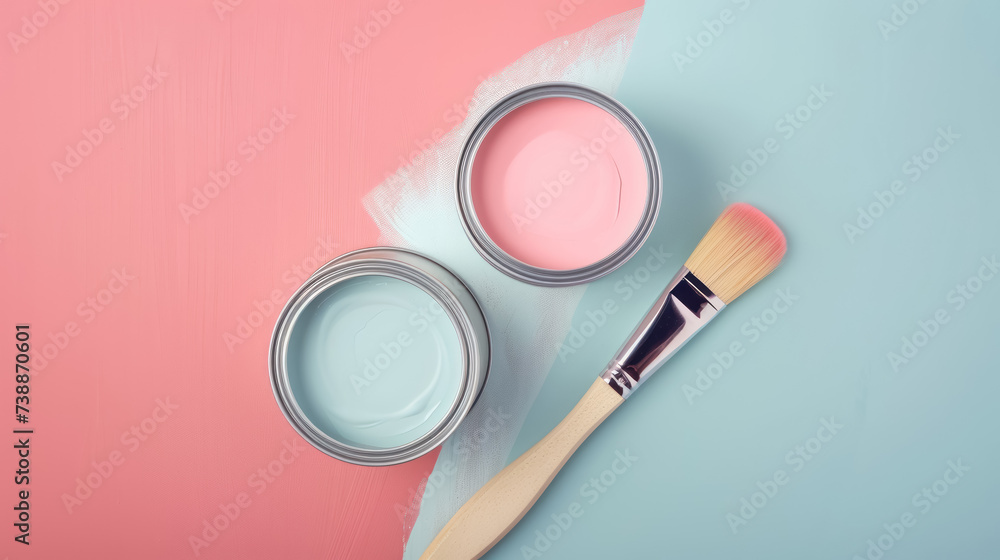 pastel paint cans with brush on soft two tone background for interior design inspiration, top view pastel paint cans with brush on soft two tone background for interior design inspiration, top view