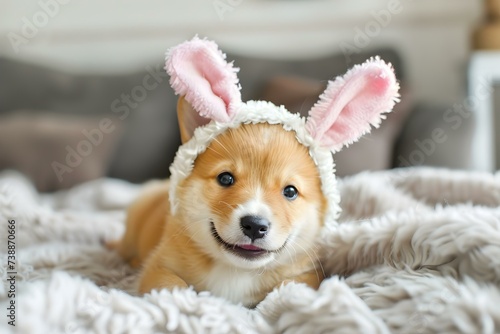 Adorable puppy donning Easter bunny ears radiating joy in this festive snap. Concept Pets, Easter, Adorable, Joy, Festive
