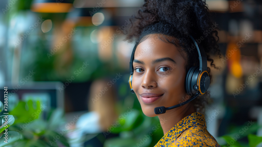 Photo of a young woman working as a call center operator