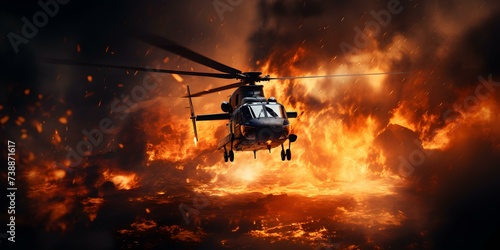 A High-Stakes Aerial Scene: Helicopter in the Midst of Flames and Explosions in Cinematic Action Style. Concept Cinematic Action, High-Stakes Aerial Scene, Helicopter, Flames, Explosions