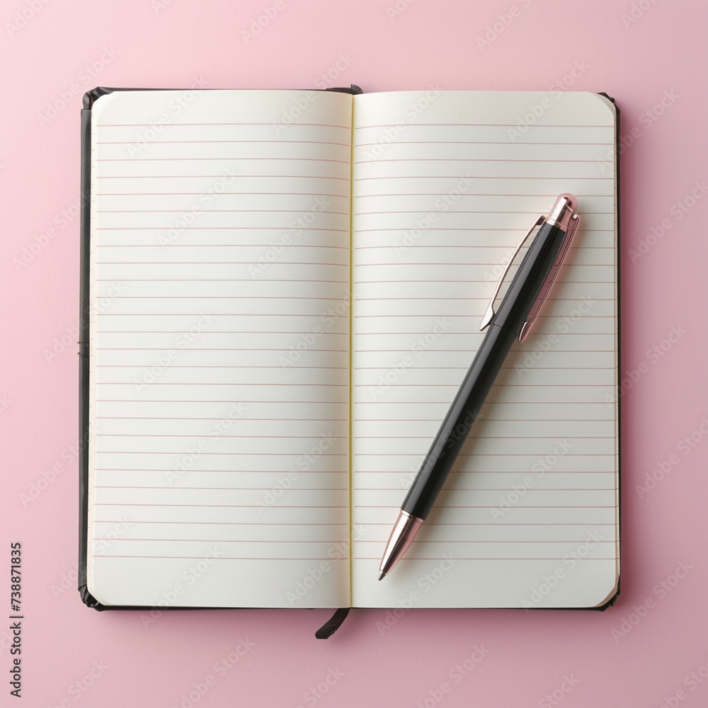 Open Notebook with Blank Pages and Pen on Light Pink Background, Top View. Space for Text Open Notebook with Blank Pages and Pen on Light Pink Background, Top View. Space for Text