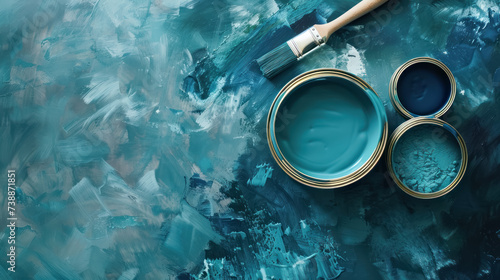 artistic blue turqoisr paint cans and brush on textured abstract background