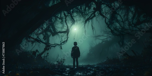 Moonlit enchantment: Haunted silhouette in a magical forest. Concept Night photography, Silhouette, Haunted, Enchantment, Magical Forest