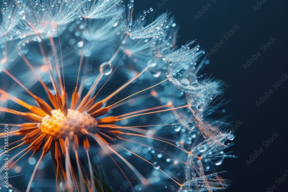 Detailed close-up of dandelion seed heads reveals delicate lace patterns, perfect for interior decoration, wallpaper, and print Detailed close-up of dandelion seed heads reveals delicate lace patterns, perfect for interior decoration, wallpaper, and print