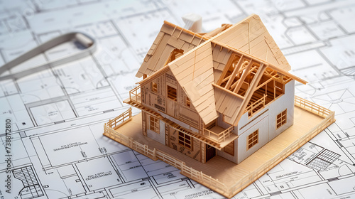 Fototapeta Naklejka Na Ścianę i Meble -  Une maison avec des plan dans le cadre d'une construction. Concept 3d.